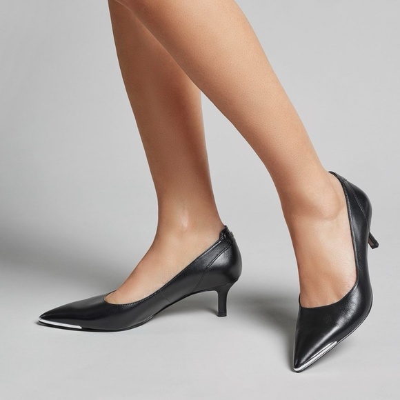 Franco Sarto Kalsa Leather Kitten Heel Pointed Toe Slip On Pumps Black Size 7W - Picture 1 of 16